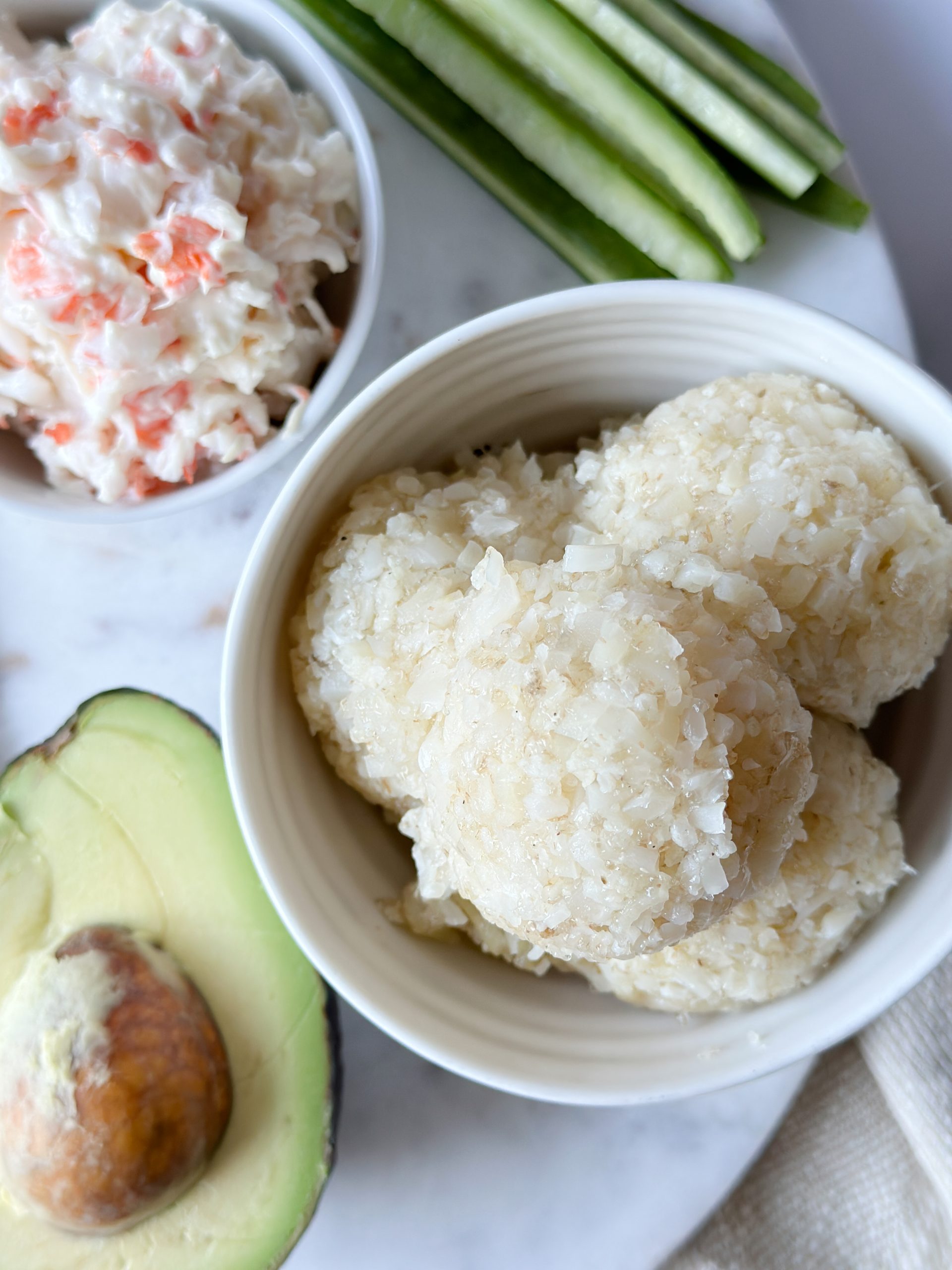close up of a bowl of cauliflower sushi rice