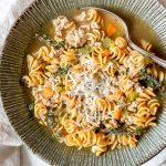 close up shot of a bowl of chicken noodle soup