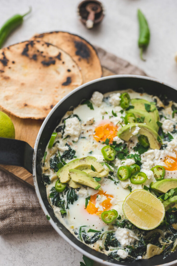 green shakshuka with keto tortillas