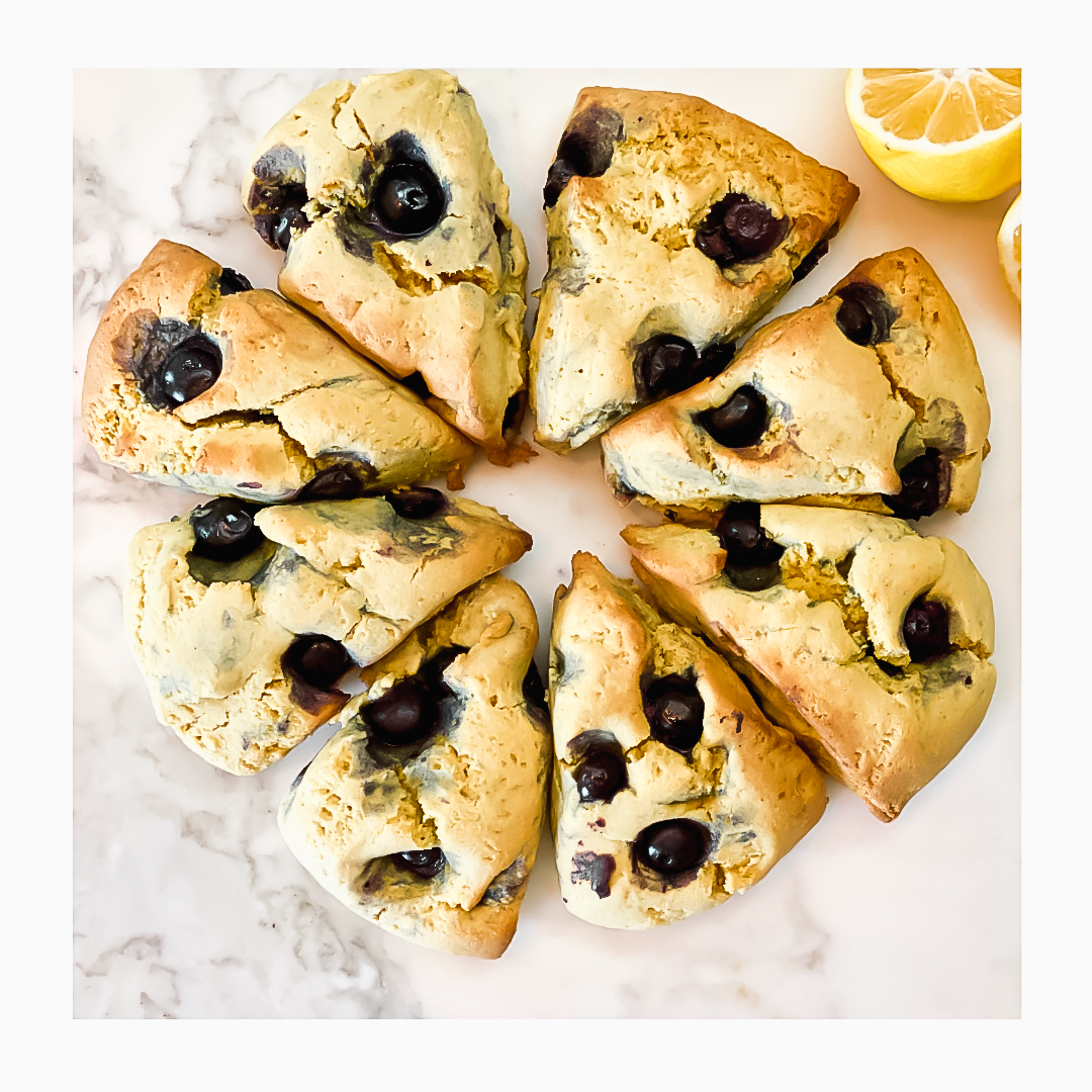 8 blueberry corn scones in a circle