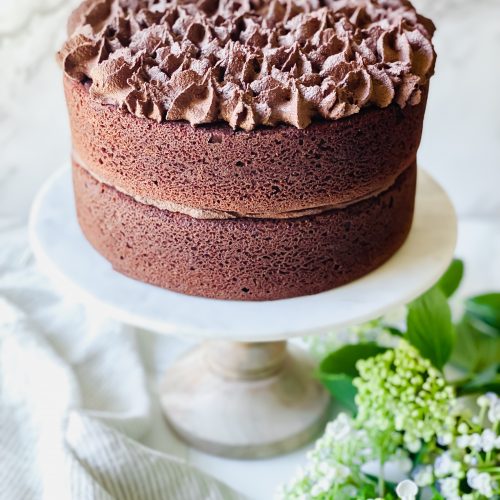 close up of double layer chocolate cake