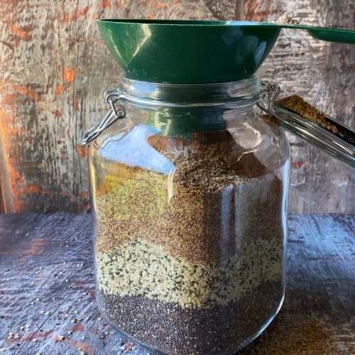 2 quart jar of layered seeds- hemp, chia and flax