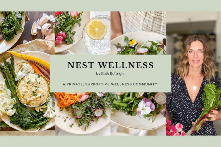 Nest Wellness banner featuring food photos and a photo of Beth