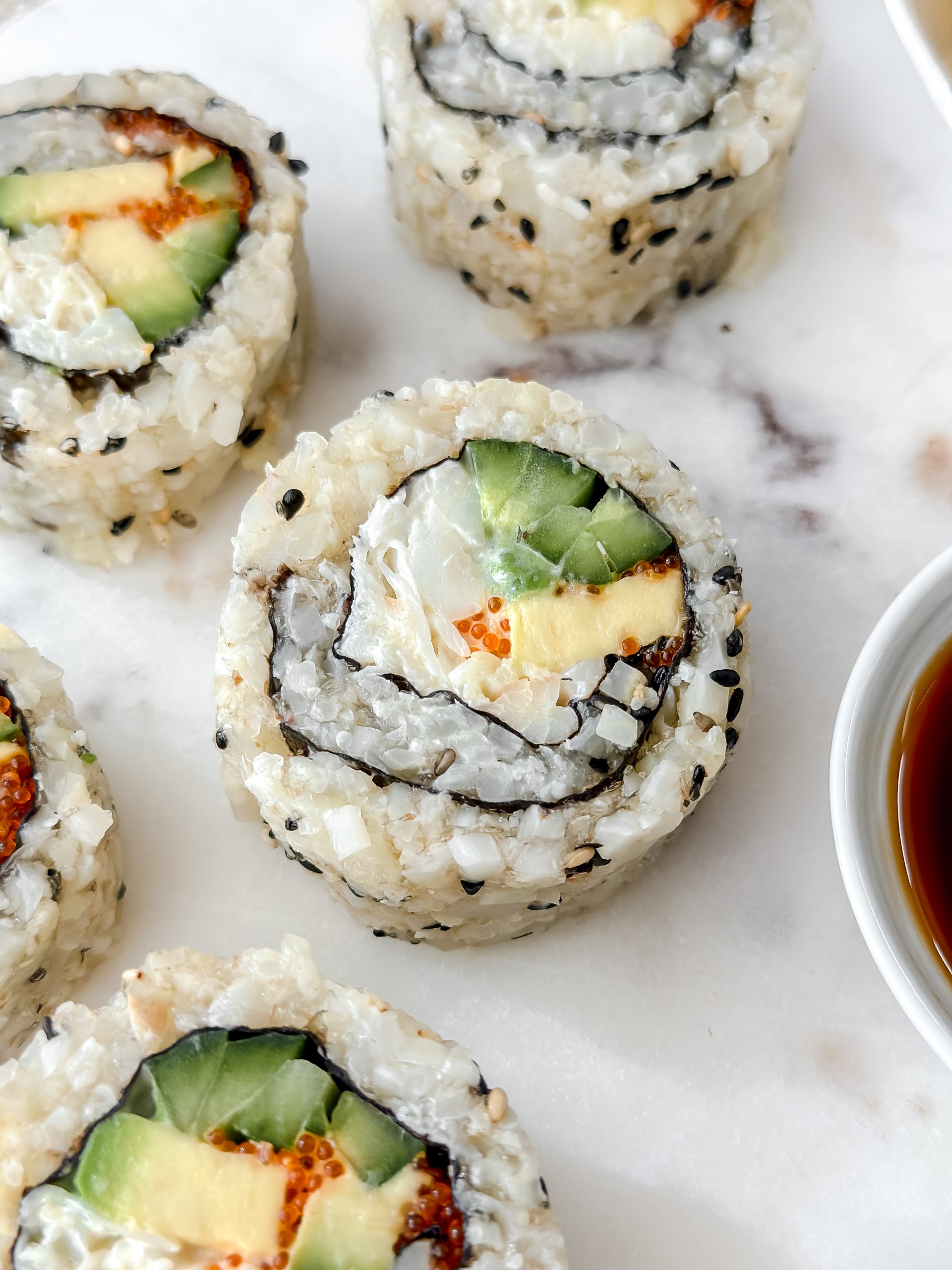 close up of a single california roll