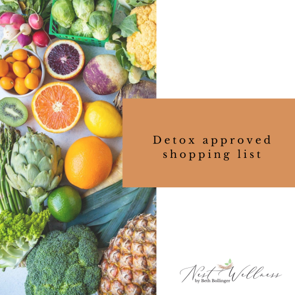 detox shopping list cover with fruits and veggies