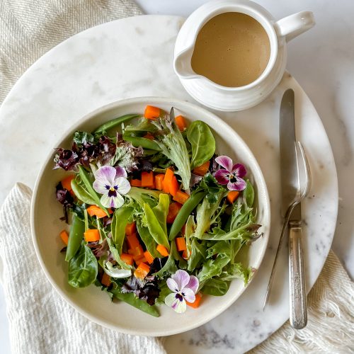 colorful salad with miso tahini dressing