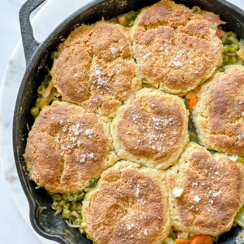 Chicken and Biscuits in a cast iron skillet