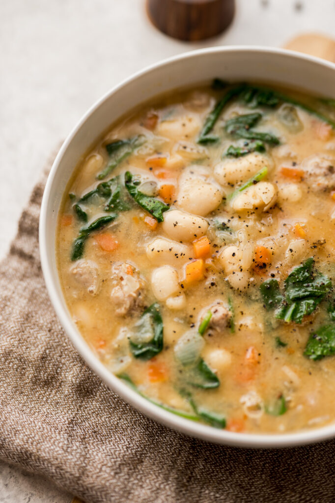 bowl of easy, one pot sausage and white bean soup