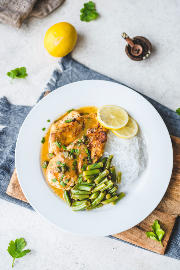 chicken piccata low carb with green beans and konjac noodles
